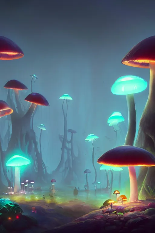 Prompt: Bioluminescent city of mushrooms concept, soft light, soft mood, realistic body features and face, illustration, painting oil on canvas by Elena Zhurikhina and Goro Fujita and Charlie Bowater and Victor Mosquera, octane render trending on artstation, 4k, 8k, HD