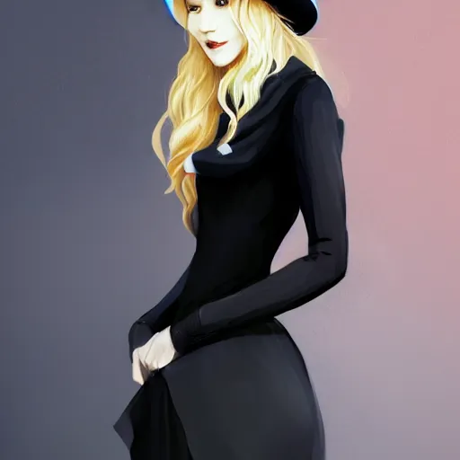 Image similar to beautiful woman in a black dress, full length photo, wearing a white hat and a red scarf, head bowed slightly, looking mischievously and mysteriously at the camera, wavy blond hair, knees upturned, very beautiful woman, 4k highly detailed, digital painting, artstation, concept art, matte, sharp focus, illustration, art by Artgerm and Greg Rutkowski and Alphonse Mucha