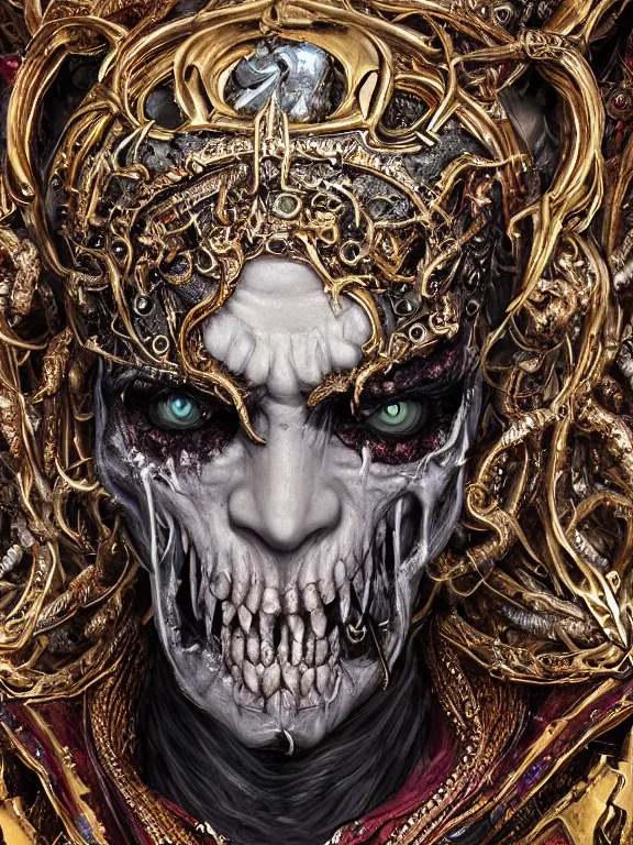 Image similar to portrait art of 8k ultra realistic undead eldritch horror corrupted vampire king, ornate gold crown , detailed intricate ornate armour,decaying, cybernetic, full of colour, cinematic lighting, battered, trending on artstation, 4k, hyperrealistic, focused, extreme details,unreal engine 5, cinematic, masterpiece, art by ayami kojima, giger