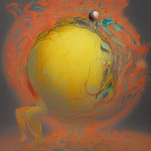 Prompt: a sphere being devoured by abstract splatters of paint in the style of francis bacon, venus being engulfed in flames in front of a female face in the style of james jean, surreal, beksinski, high detailed