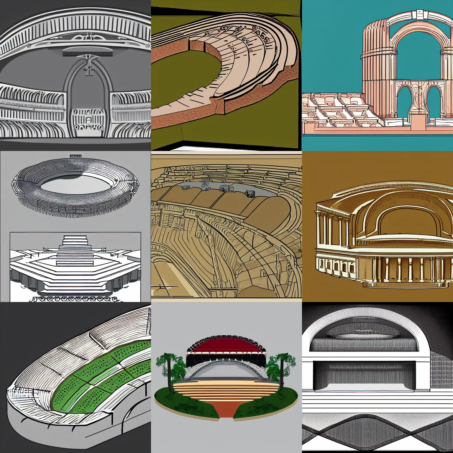 Prompt: a stephen biesty cross - section of simplified!!! smooth shaded ancient amphitheater, precise! vector trace, 3 / 4 wide shot, tom whalen, sketch - up model, white background