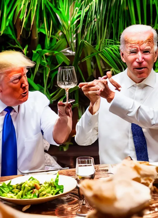 Image similar to Trump and Biden having dinner at a fancy Balinese restaurant, award winning photography, sigma 85mm Lens F/1.4, blurred background, perfect faces