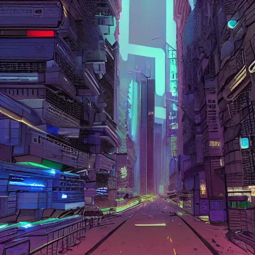 Prompt: cyberpunk city, four - point perspective