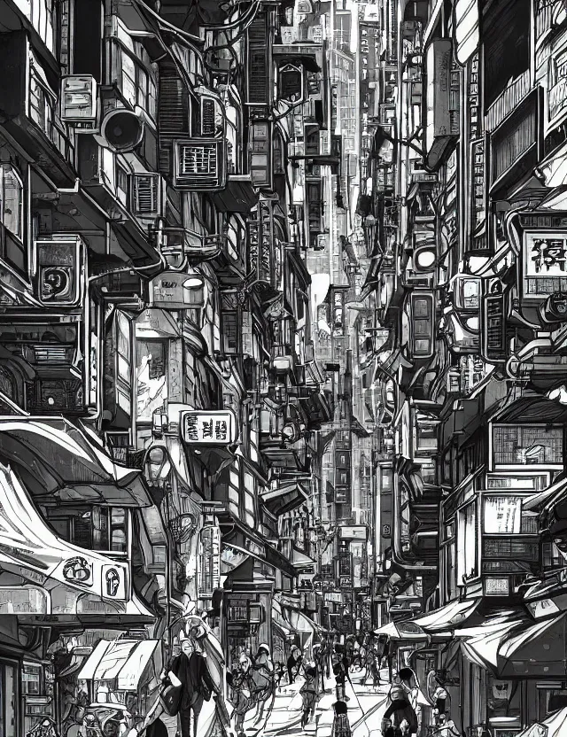 Image similar to a detailed manga illustration of a retro sci - fi city street on an alien world, trending on artstation, digital art, 4 k resolution, detailed, high quality, sharp focus, hq artwork, coherent, insane detail, character portrait