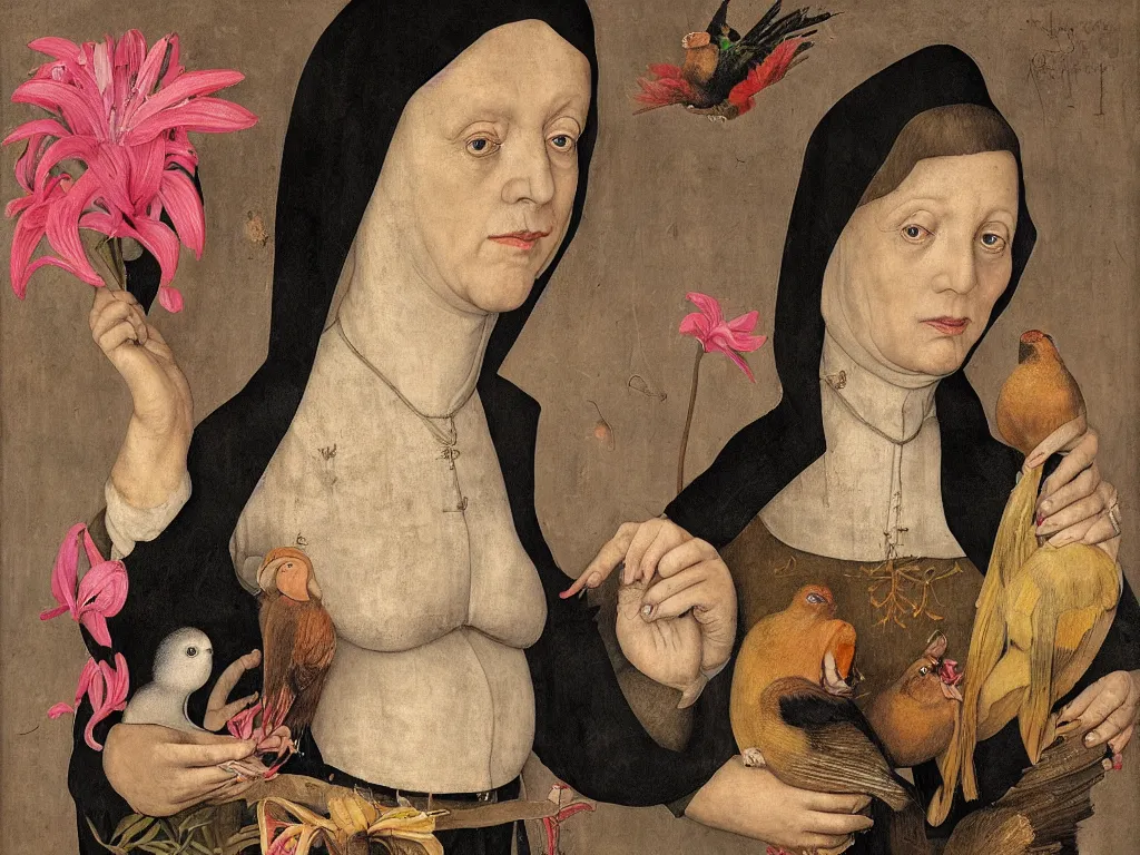 Prompt: Woman staring, expressive, wrinkled, dressed as a nun, holding a paradise bird and a lily flower. Colorful portrait by Lucas Cranach, Roger Ballen