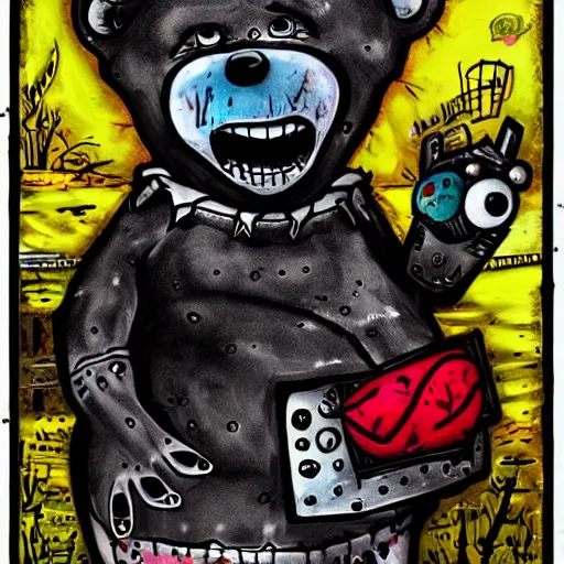 Prompt: dark art cartoon grunge drawing of a teddy bear with a duct taped mouth playing with with toys with bloody eyes by tim burton - loony toons style, horror theme, detailed, elegant, intricate, trending on art station