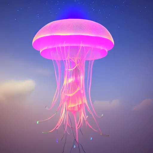 Prompt: sky jellyfish, nighttime color show, glowing jellyfish, flying sky color jellyfish, raytracing, volumetric lighting, lighting high quality 3D render trending on artstation