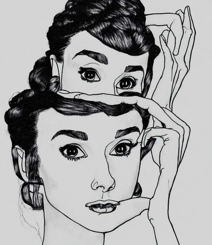 Prompt: gracefully detailed line art portrait of audrey hepburn, inspired by egon schiele.