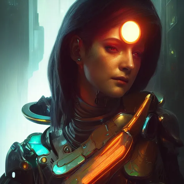 Prompt: close up portrait of a cyberpunk female carrying glowing sword and wearing shiny armor, subsurface scattering, artistic, art by artgerm, greg rutkowski and alphonse mucha, artstation, octane render,