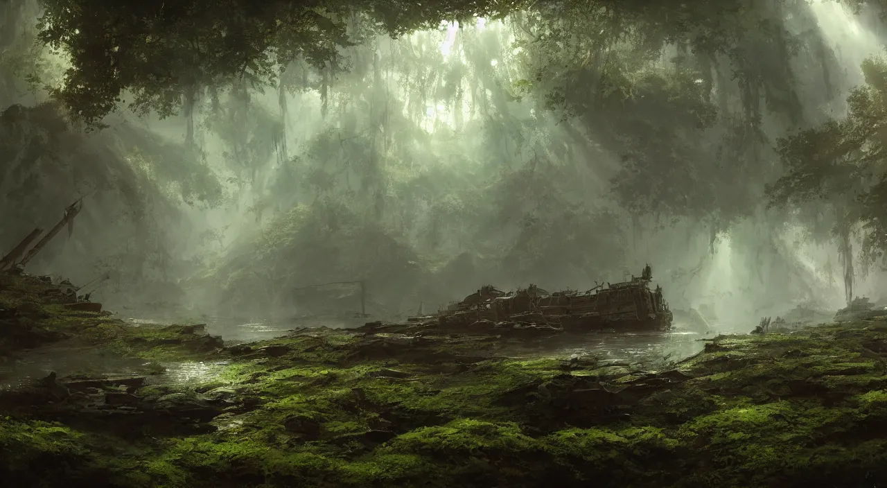 Image similar to rusty warship dreadnought shipwreck in a lush forest, volumetric lighting, god rays, , global illumination, puddles of water, sci-fi, ivy, moss, trending on artstation, concept art by Greg Rutkowski and Sebastian Luca ad Moebius