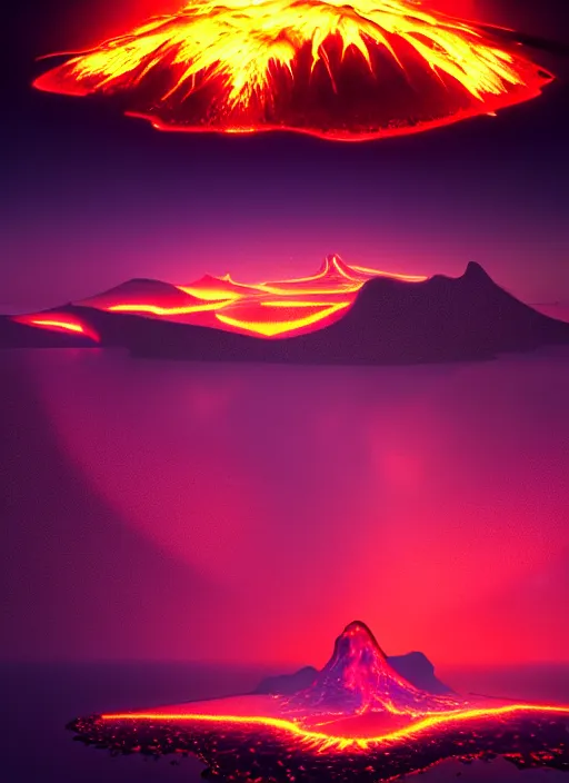 Image similar to night fantasy landscape with abstract mountains and island on the water, explosive volcano with burning lava, neon light. dark futuristic natural scene with reflection of light in the water, cinematic view, detailed, high detail, warm lighting, volumetric, godrays, vivid, beautiful, trending on artstation, by jordan grimmer, huge scene, art greg rutkowski