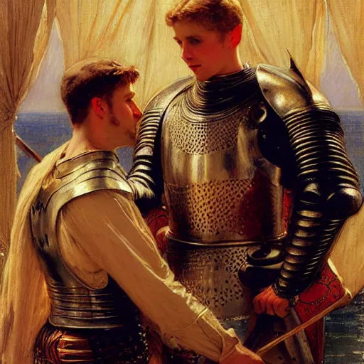 Image similar to attractive fully clothed arthur pendragon confesses his love for his attractive fully clothed male knight. highly detailed painting by gaston bussiere and j. c. leyendecker 8 k