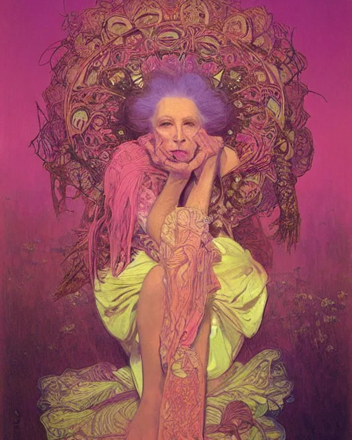 Image similar to purple and pink flowerpunk portrait of a fierce old matriarch by paul lehr, beksinski, alphonse mucha