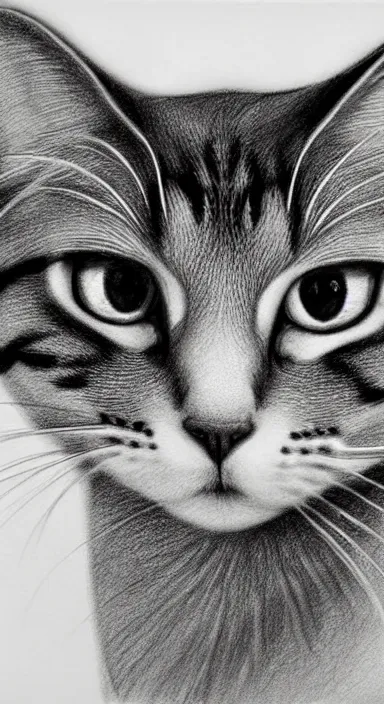 Image similar to highly detailed realistic pencil sketch portrait of a beautiful cat with big green eyes in front of the universe