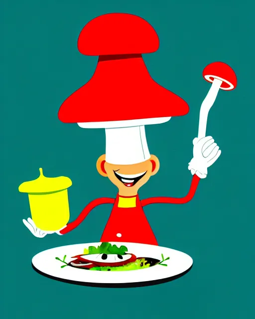 Prompt: an anthropomorphic mushroom chef cooking a meal, fantasy cartoon illustration, bold colors, simple shapes, trending on artstation