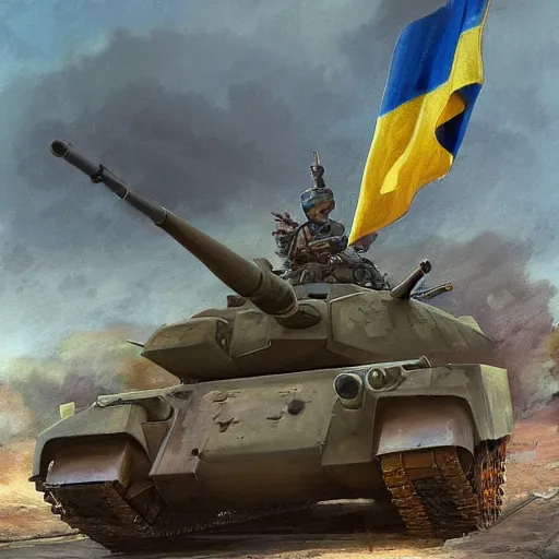 Image similar to a full body shot from distance from behind of a great soldier with a yellow and blue flag standing on a Russian tank in triumph after battle, western, masculine figure, D&D, fantasy, intricate, elegant, highly detailed, digital painting, artstation, concept art, matte, sharp focus, symmetrical, illustration, art by Artgerm and Greg Rutkowski and Alphonse Mucha