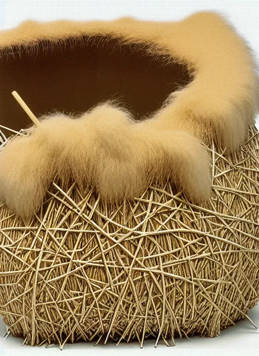 Image similar to realistic photo of a a medieval brushwood and straw archeology scientific equipment device made of brushwood, with white fluffy fur, by dieter rams 1 9 9 0, life magazine reportage photo, natural colors, metropolitan museum collection