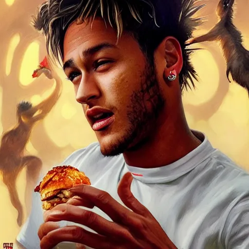 Image similar to Neymar eating a KFC zinger, closeup, giant zinger, D&D, fantasy, intricate, elegant, highly detailed, digital painting, artstation, concept art, matte, sharp focus, illustration, art by Artgerm and Greg Rutkowski and Alphonse Mucha