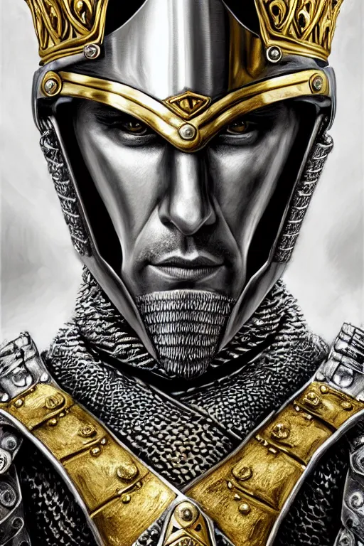 Prompt: Hyper-realistic upper-body Portrait of the King of the Desert, Warrior knight, Silver Armour and Gold Crown, Sword, handsome attractive face, beautiful face, photo realistic, dramatic lighting, majestic, trending on artstation, elegant, intricate, highly detailed, digital painting, concept art, sharp focus, illustration, art by artgerm and greg rutkowski and alphonse mucha