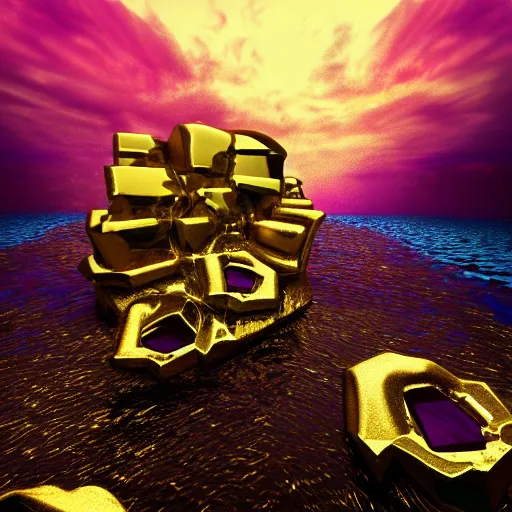 Image similar to vivid dream of recursive pain, eerie and menacing, quartz, water, gold, ruby, sapphire, quicksilver, vaporwave, realistic, HDR, render