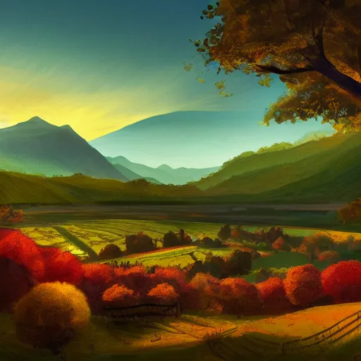 Prompt: A vast green landscape with a river running through it, a small village in the distance and a few mountains in the background. The sun is setting and the sky is ablaze with oranges, reds and yellows. A beautiful, serene and peaceful scene, digital painting, 4k, concept art, artstation, matte painting, by Yuji Kaneko