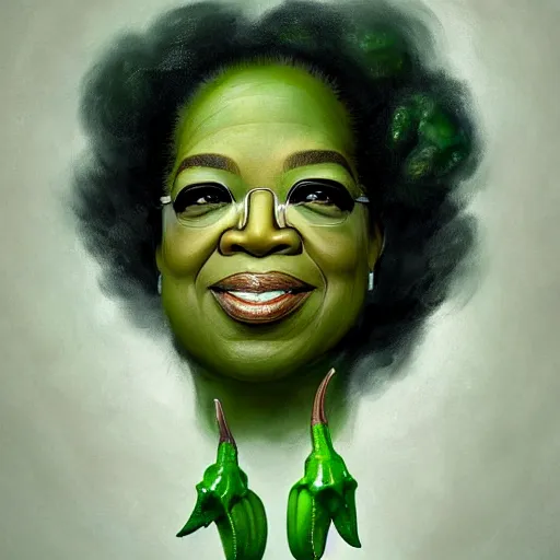 Image similar to a dish of oprah winfreys face fused with okra veg with green stalky ( ( green oprah winfrey's face ) ), oprah okra winfrey sentient veg, by greg rutkowski