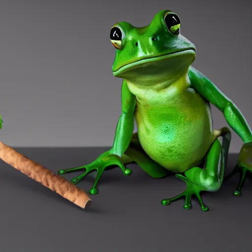 Image similar to a high quality photo of an antropomorphic frog wearing a suit smoking a cigar, 3d scene, render, ultra realistic, artstation, cgsociety