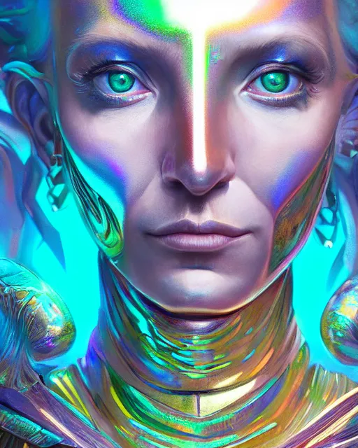 Image similar to highly detailed surreal vfx portrait of a metallic chromatic geometric tribal magician, behance, stephen bliss, unreal engine, greg rutkowski, loish, rhads, beeple, makoto shinkai and lois van baarle, ilya kuvshinov, rossdraws, tom bagshaw, alphonse mucha, global illumination, detailed and intricate environment