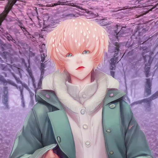 Image similar to aesthetic portrait commission of a albino male anthro liger under a cherry blossom tree bubble filled while wearing a cute mint colored cozy soft pastel winter outfit with pearls on it, winter atmosphere. character design by artgerm, and makoto shinkai, detailed, inked, western comic book art, 2 0 2 0 award winning painting