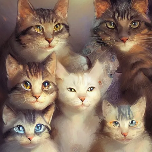 Image similar to a group of cute cats look into the camera, stacked image, intricate, highly detailed, digital painting, artstation, concept art, smooth, sharp focus, illustration, art by artgerm and greg rutkowski and alphonse mucha