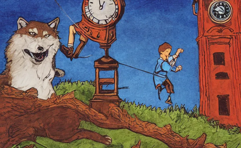 Prompt: a boy fighting a wolf on the edge of a clocktower, storybook, gouache, flat, print