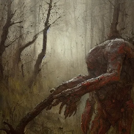 Prompt: painting by jakub rozalski of a muddy rooted humanoid creature with a big hole in the head. half body closeup