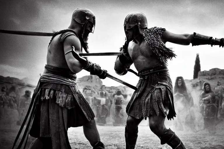 Prompt: cinematic monochromatic shot of an epic gladiator fight