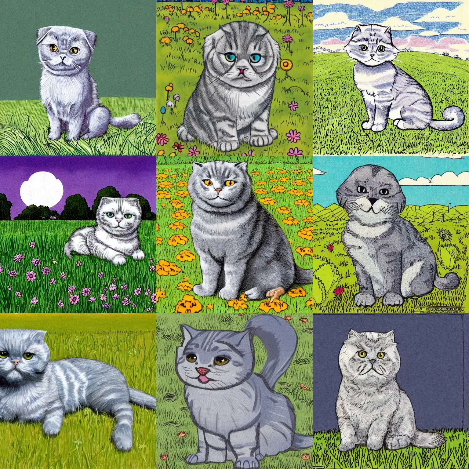 Prompt: a gray scottish fold sitting in the middle of sunny meadow, colored, by steve ditko