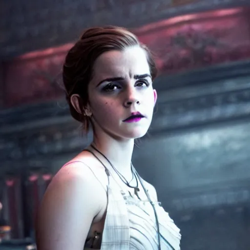 Image similar to Emma Watson as Jinx ,Arcane, cinematic, Wide-shot, atmospheric lighting, directed by Quentin Tarantino, movie still