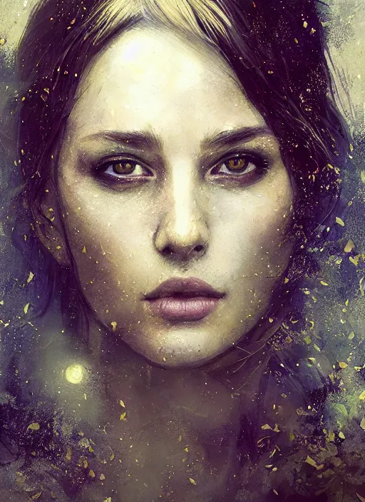 Image similar to golden leaves, creative composition for a book cover, moon, beautiful portrait painting by jeremy mann, a female witch absurdly beautiful, elegant, ultrafine hyperrealistic detailed face illustration by wlop and artgerm and greg rutkowski, intricate linework, sharp focus, smooth, octopath traveler, final fantasy, unreal engine, dramatic lighting, ethereal, 8 k