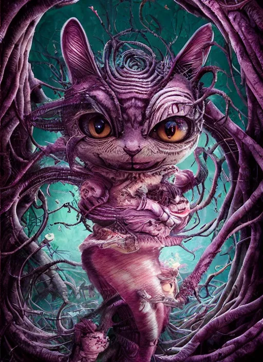 Prompt: cheshire cat, biopunk, highly detailed, cinematic, 8 k, by megan duncanson, benjamin lacombe, adrian borda, stanley artgermm, tom bagshaw, craig mullins, carne griffiths, ayami kojima, beksinski, giger, trending on deviantart, hyper detailed, horror, full of colour