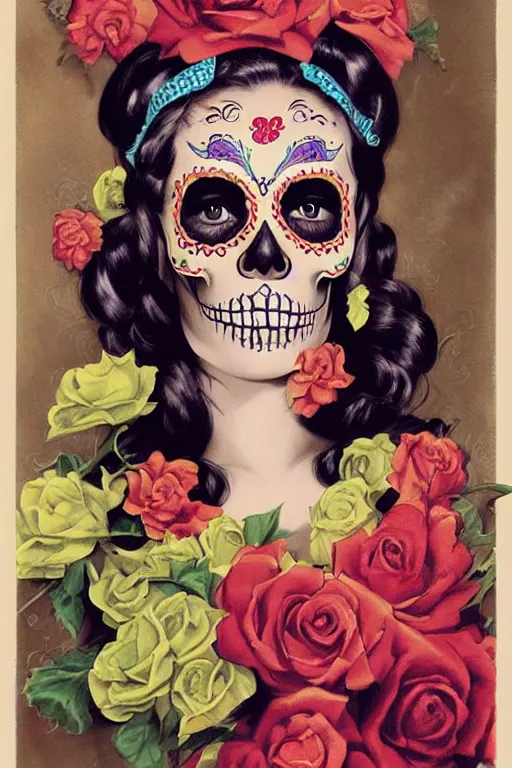 Prompt: illustration of a sugar skull day of the dead girl, art by gil elvgren