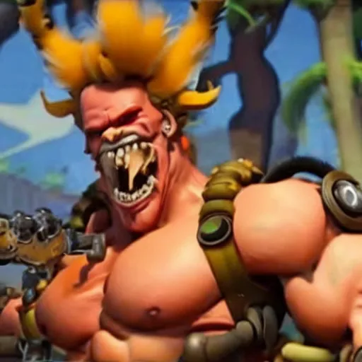 Image similar to a screenshot of junkrat arnold schwarzenegger as junkrat in overwatch