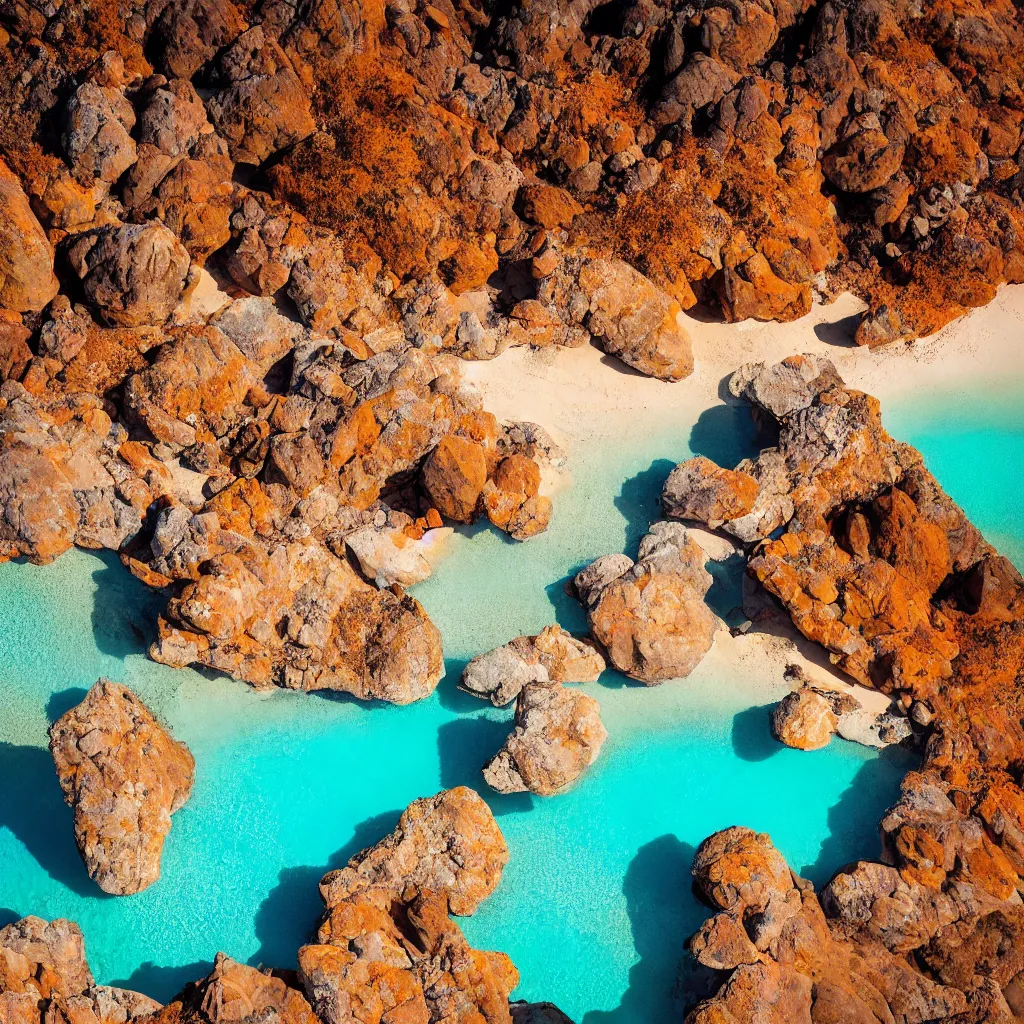 Image similar to bismuth boulders, orange sand desert with pools of bright milky blue water, birds eye view, dreamy