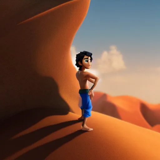 Prompt: a profile view of young aladdin as nendoroid walking in a desert in the croods movie style, anime, disney, pixar, 8 k, hd, dof, kodak film, volumetric lighting, subsurface scattering, photorealistic, octane render, details