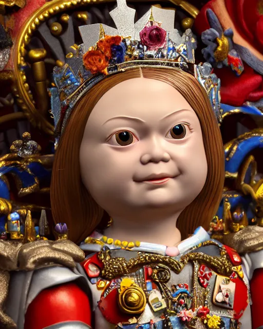 Image similar to highly detailed closeup, face profile portrait of a tin toy weimar greta thunberg as a fairytale princess wearing a crown and sitting on a throne, bikini, depth of field, otto dix, breathtaking, detailed and intricate environment, 8 k resolution, hyperrealistic, octane render