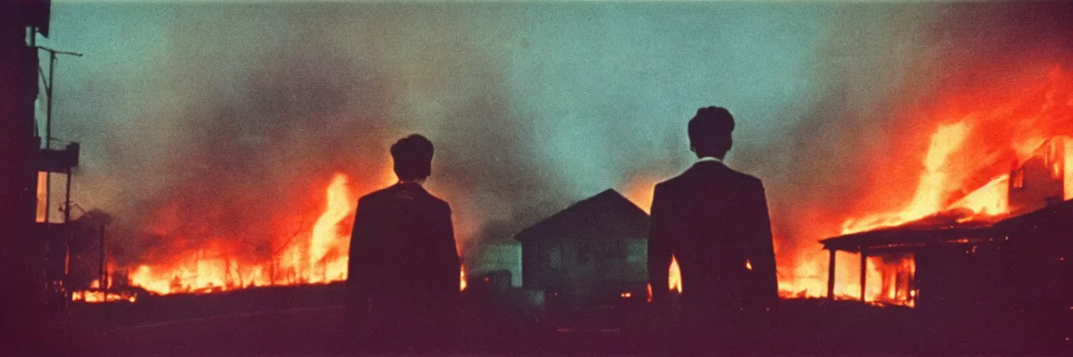 Image similar to 8 0 s polaroid photo, cinema still from david lynch movie, sleazy man watching night streets while a house burns in the background, colorful haze, americana, high production value, 8 k resolution, hyperrealistic, hdr, photorealistic, high definition, high details, tehnicolor, award - winning photography, masterpiece, amazing colors