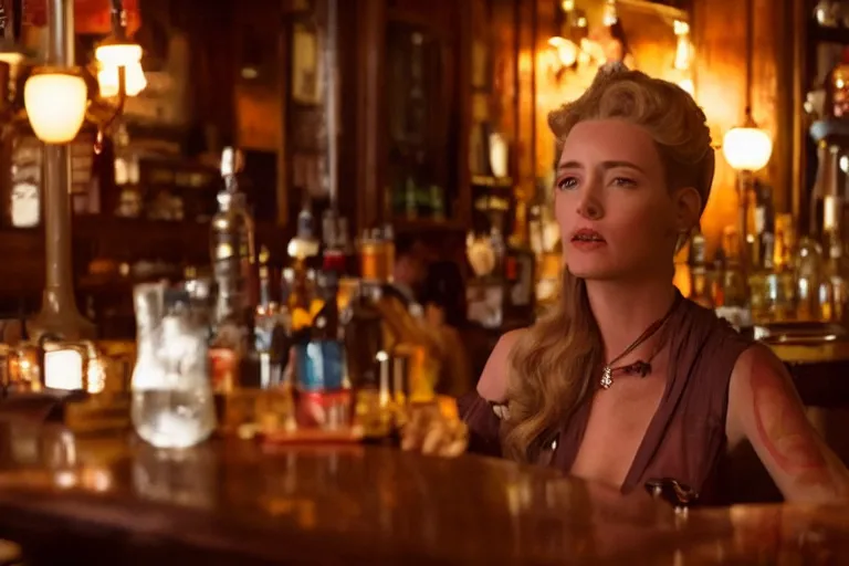 Image similar to cinematography of a beautiful cyborg woman in a vintage western bar alone asking for a drink by Emmanuel Lubezki