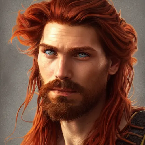 Image similar to portrait of a young ruggedly handsome but optimistic pirate, male, masculine, upper body, red hair, very long hair, d & d, fantasy, intricate, elegant, highly detailed, digital painting, artstation, concept art, matte, sharp focus, illustration, art by artgerm and greg rutkowski and alphonse mucha