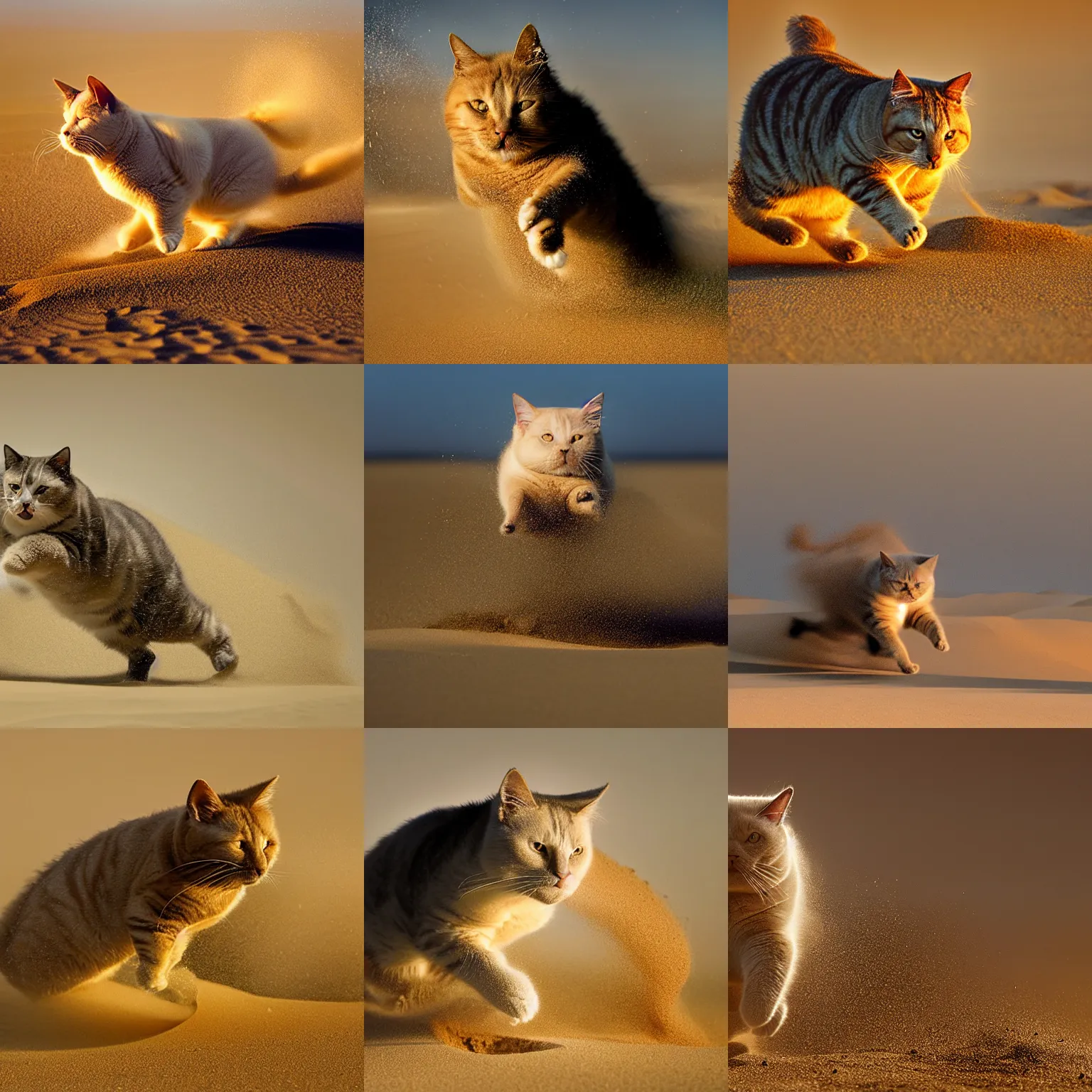 Prompt: award winning wildlife photography, a fat house cat merging from the sand, high midair shot, running towards the camera, straight shot, high shutter speed, dust and sand in the air, wildlife photography by Paul Nicklen, shot by Joel Sartore, Skye Meaker, national geographic, perfect lighting, blurry background, bokeh