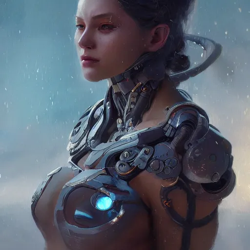 Image similar to a beautiful portrait of a cyborg goddess, a detailed painting by greg rutkowski and raymond swanland, featured on cgsociety, fantasy art, detailed painting, artstation hd, photorealistic