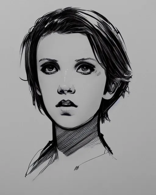 Prompt: pen sketch of millie bobby brown with short hair by yoji shinkawa