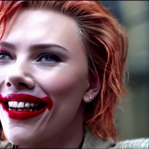 Image similar to beautiful awe inspiring Scarlett Johansen as The Joker smiling maniacally 8k hdr