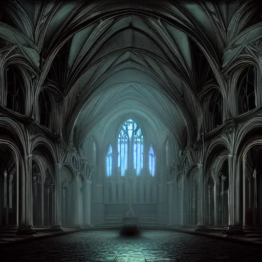 Image similar to Photorealistic Ghostly Dark Hunted Cathedral in the style of Michael Whelan and Gustave Dore. Hyperdetailed photorealism, 108 megapixels, amazing depth, glowing rich colors, powerful imagery, psychedelic Overtones, 3D finalrender, 3d shading, cinematic lighting, artstation concept art